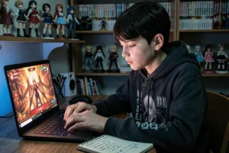 Adolescent qui entre des codes secrets dans un jeu anime Last Stand sur un ordinateur portable