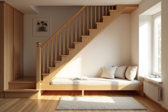 Coin lecture moderne sous escalier en bois lumineux
