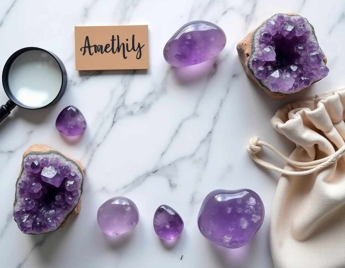 Collection de pierres violettes de qualité disposées en flat lay sur marbre gris, incluant améthyste brute et pierres polies