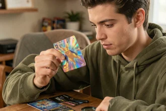 Jeune collectionneur examinant attentivement une carte Pokémon holographique au-dessus d'un bureau en bois avec accessoires de protection