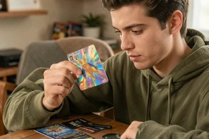 Jeune collectionneur examinant attentivement une carte Pokémon holographique au-dessus d'un bureau en bois avec accessoires de protection