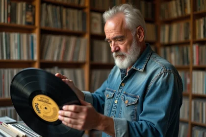 Collectionneur de vinyles rares tenant précieusement un disque ancien dans une boutique de disques vintage