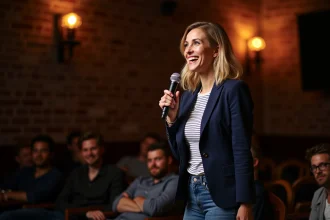 Comedienne française souriante sur scène à Paris