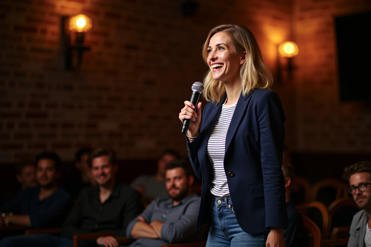 Comedienne française souriante sur scène à Paris