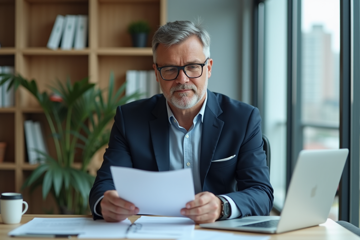 Homme comptable en costume navy dans un bureau moderne