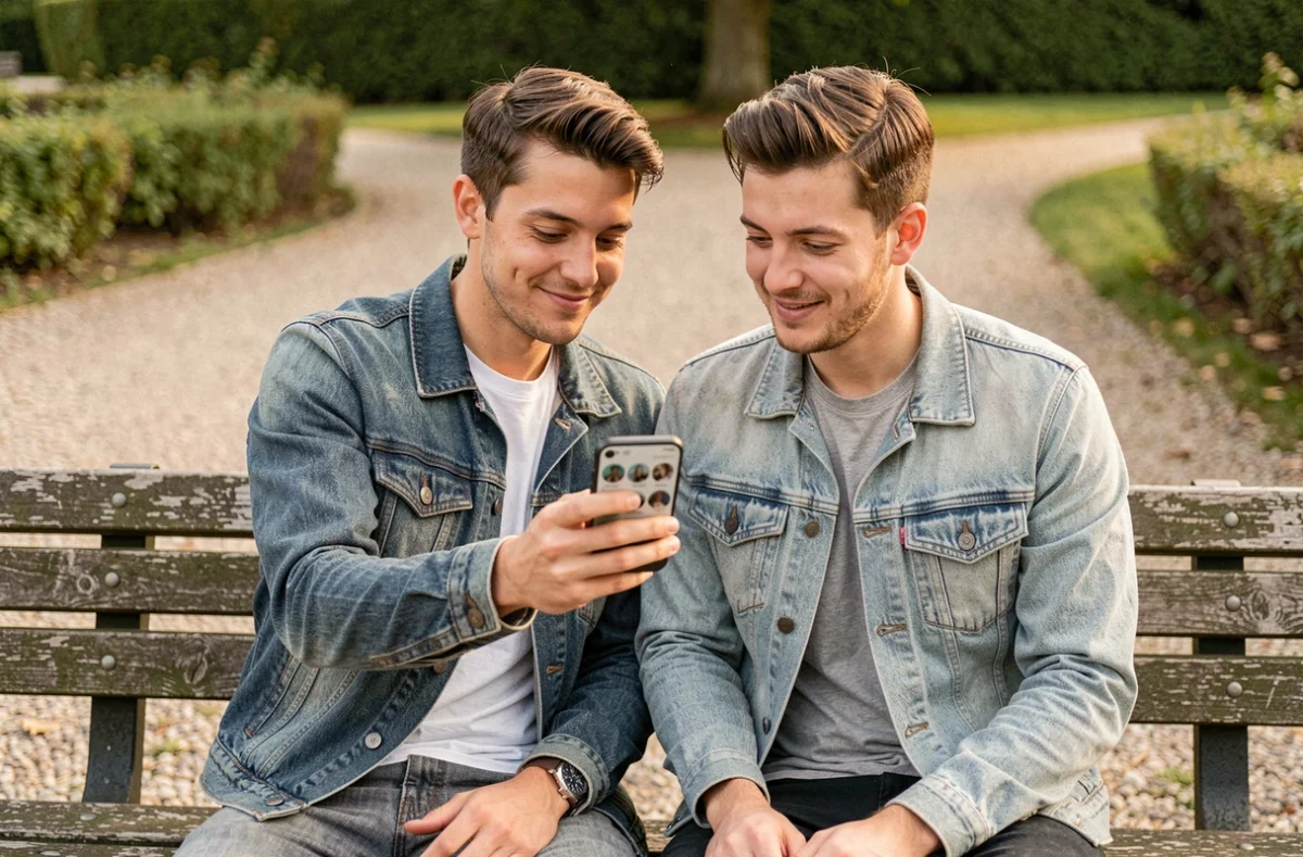 Deux amis regardant des stories Instagram anonymement sur smartphone dans un parc urbain