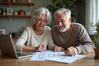 Couple d'adultes vérifiant leurs factures à la maison