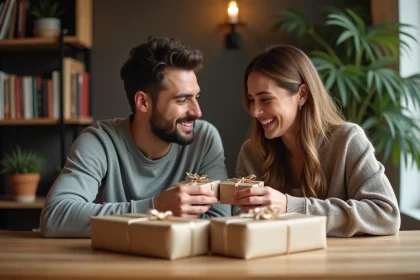 Jeune couple souriant avec cadeaux dans un appartement cosy
