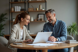 Couple en réunion pour un prêt immobilier dans un bureau moderne