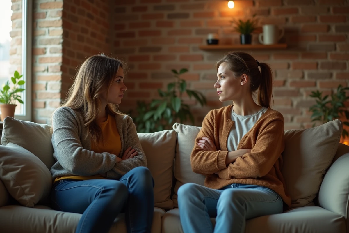 Couple assis aux deux extrémités d'un canapé, regardant chacun de leur côté, symbolisant la distance émotionnelle dans une relation amoureuse difficile