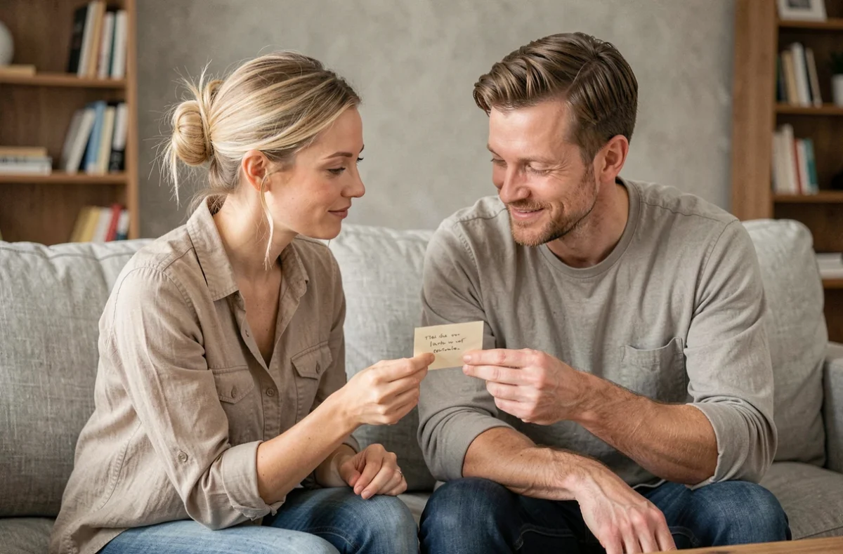Couple échangeant un petit mot d'amour manuscrit sur un canapé dans un salon minimaliste et chaleureux