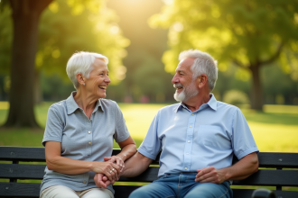 Couple mature souriant sur un banc en parc ensoleille