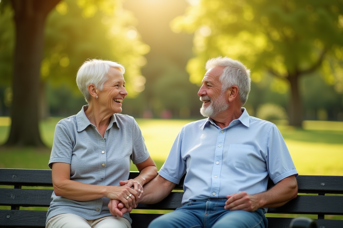 Couple mature souriant sur un banc en parc ensoleille