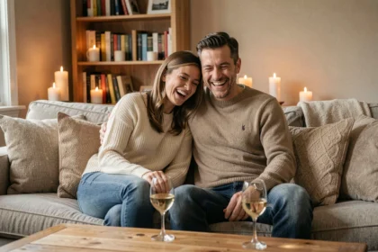 Couple complice qui rit ensemble sur un canapé confortable lors d'une soirée détendue à la maison