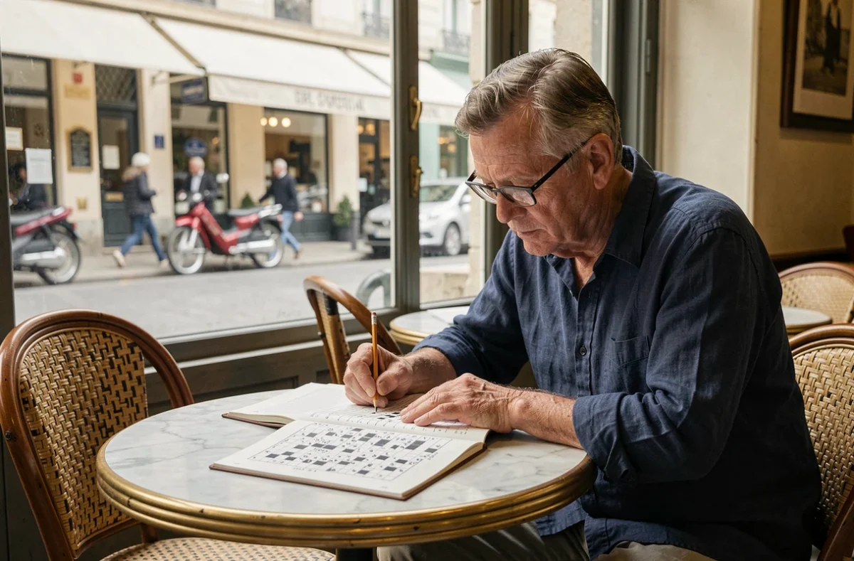 Homme résolvant un mot croisé dans un café français cherchant une ville de France en 5 lettres
