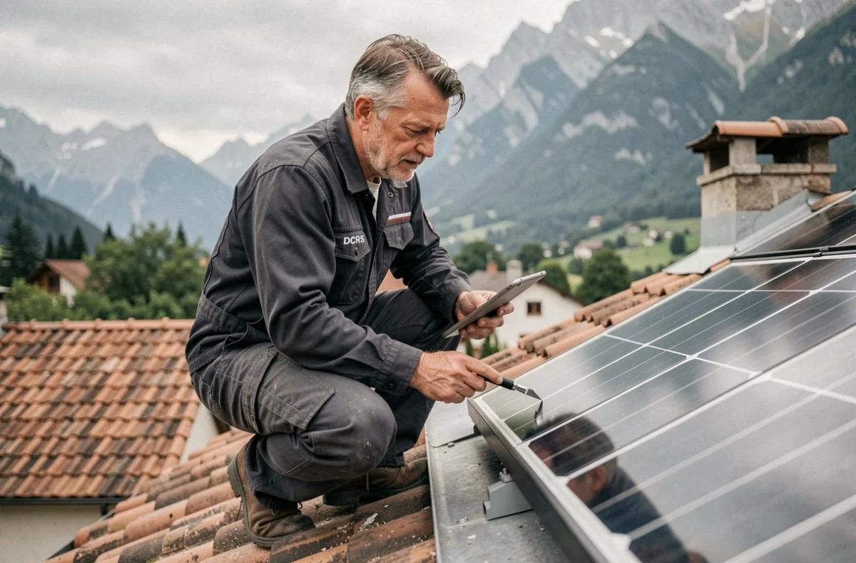 Technicien DCRS effectuant un contrôle de panneaux solaires sur un toit résidentiel à Annecy
