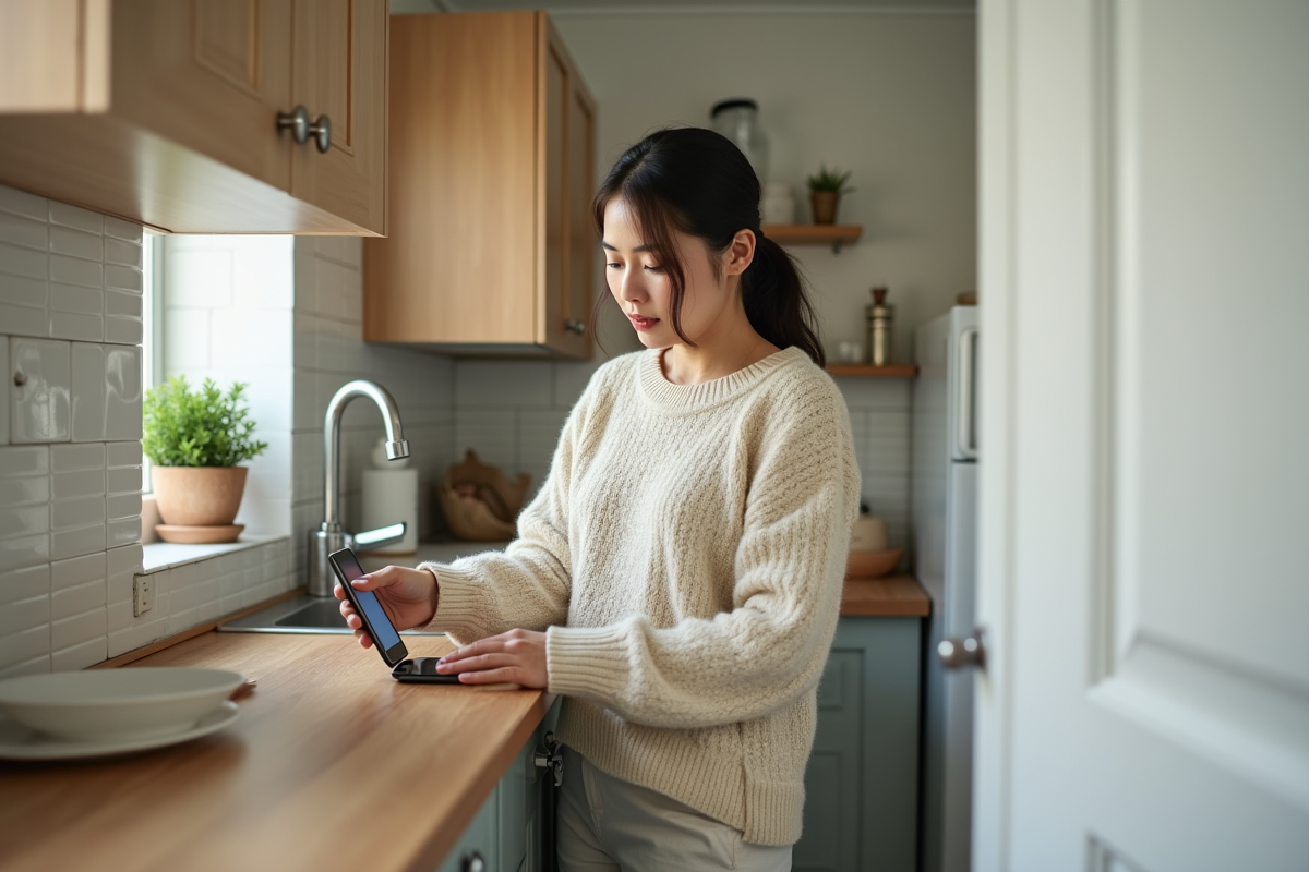 Jeune femme débranchant un chargeur dans la cuisine