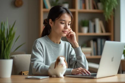 Jeune femme débutante en soins de lapin consultant un guide en ligne sur son ordinateur portable avec un lapin posé sur son bureau