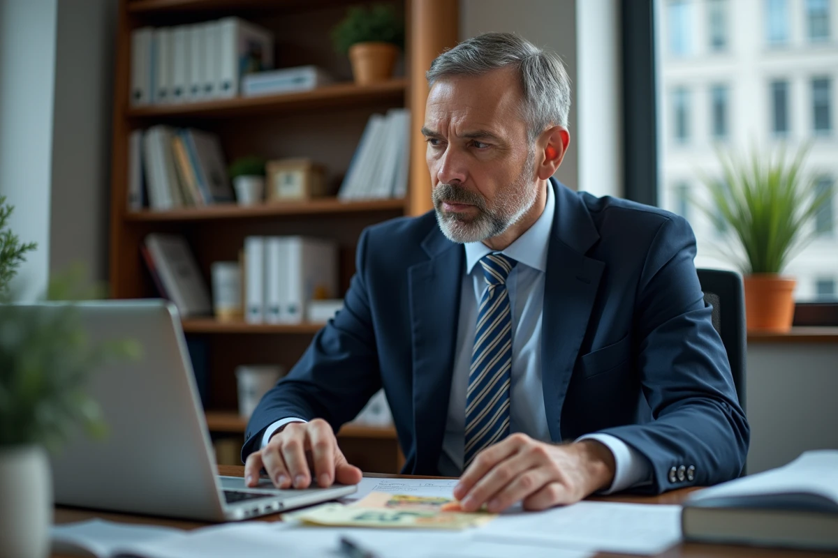 Economiste homme en costume dans un bureau avec des livres et des billets