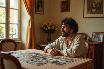 Homme aux cheveux bouclés foncés consultant de vieilles photographies de famille dans un appartement toulousain des années 1970, évoquant l'héritage culturel et l'enfance à Toulouse