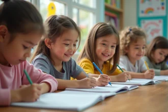 Groupe d'enfants de 7 ans écrivant en classe lumineuse