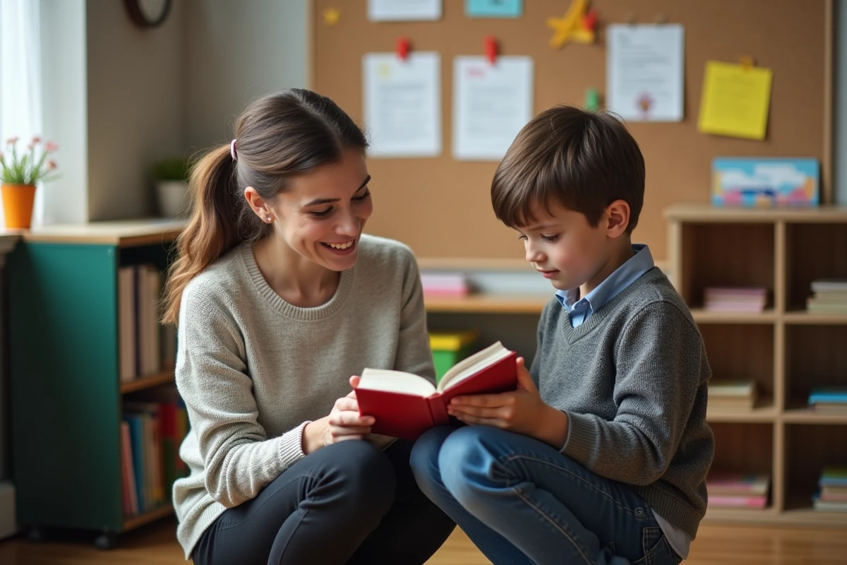 Jeune enseignante aidant un élève à lire un poème