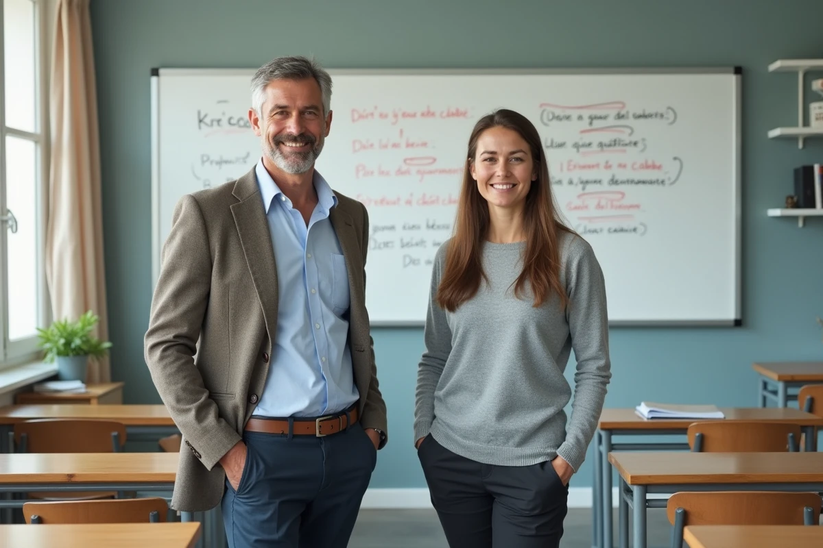Deux enseignants devant un tableau avec des corrections de français inclusif dans une salle de classe, illustrant les erreurs fréquentes d'accord et d'écriture inclusive