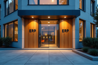 Entrée moderne d'un bâtiment avec signalisation ERP en plein jour