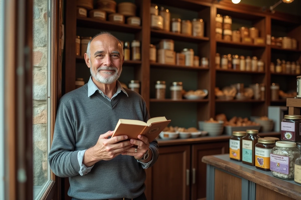 Homme tenant un livre dans une épicerie traditionnelle toulousaine entourée de produits régionaux, illustrant les valeurs et la culture du sud-ouest français transmises durant l'enfance