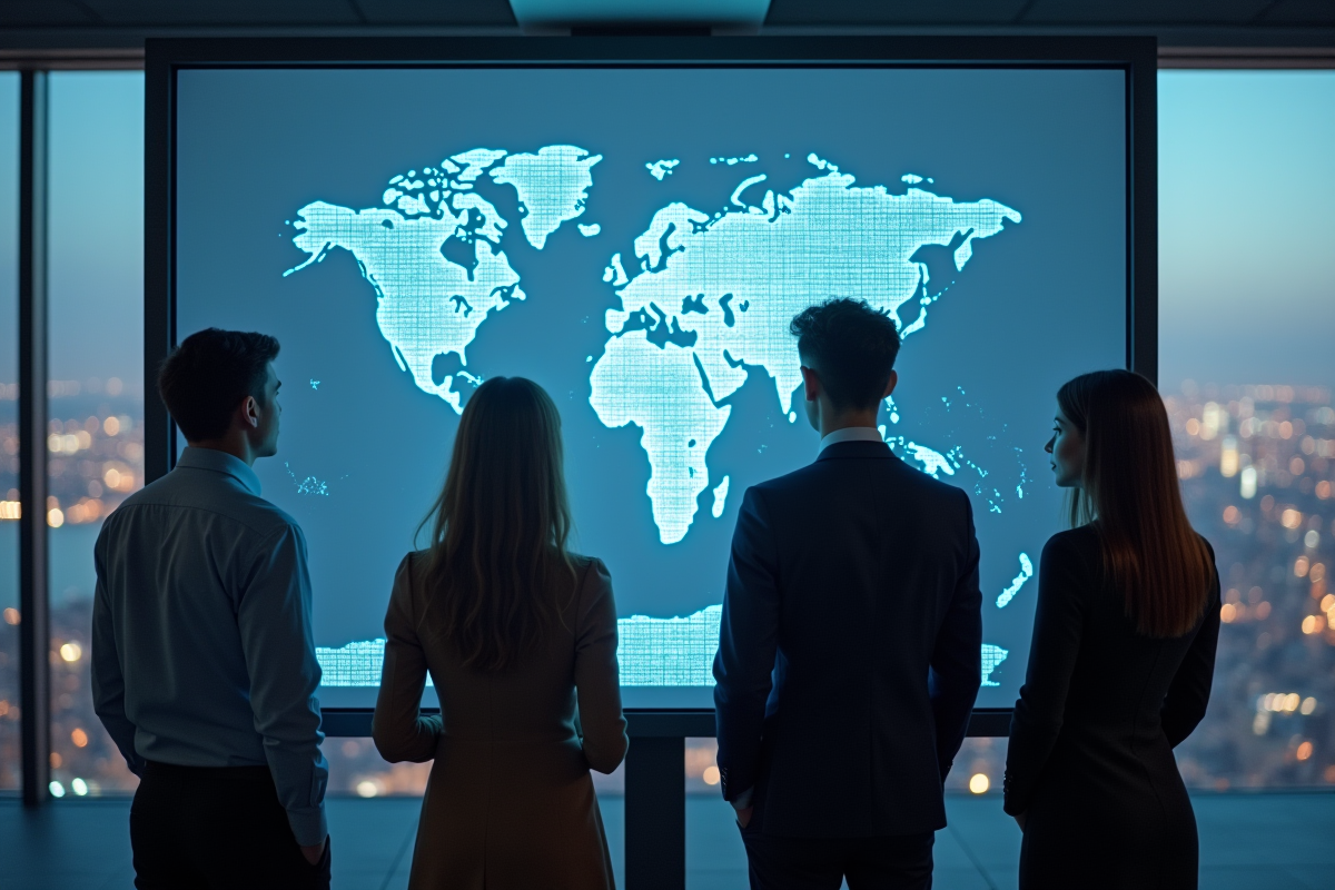 Equipe IT diverse collaborant devant un mur d