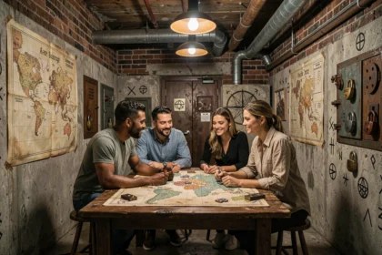 Groupe d'adultes en pleine aventure dans une salle d'escape game en Seine-et-Marne, entourés d'énigmes et de cadenas