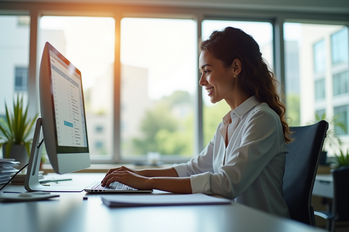 Espace de travail moderne lumineux avec professionnel souriant