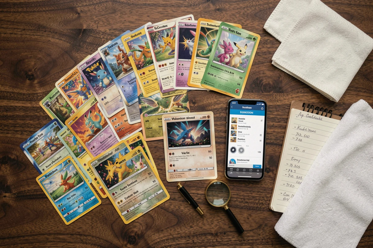 Vue de dessus d'un ensemble de cartes Pokémon étalées sur bois avec loupe, smartphone affichant une application d'estimation de valeur et notes manuscrites