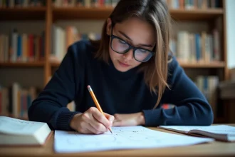 Étudiante en mathématiques traçant une tangente sur un graphique avec des équations dérivées manuscrites sur papier millimétré