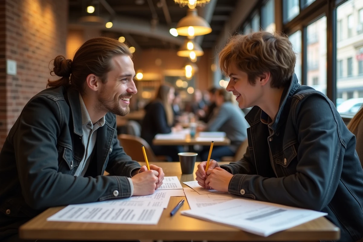Deux étudiants qui travaillent ensemble sur des énigmes logiques difficiles dans un café, préparant des concours et des épreuves orales