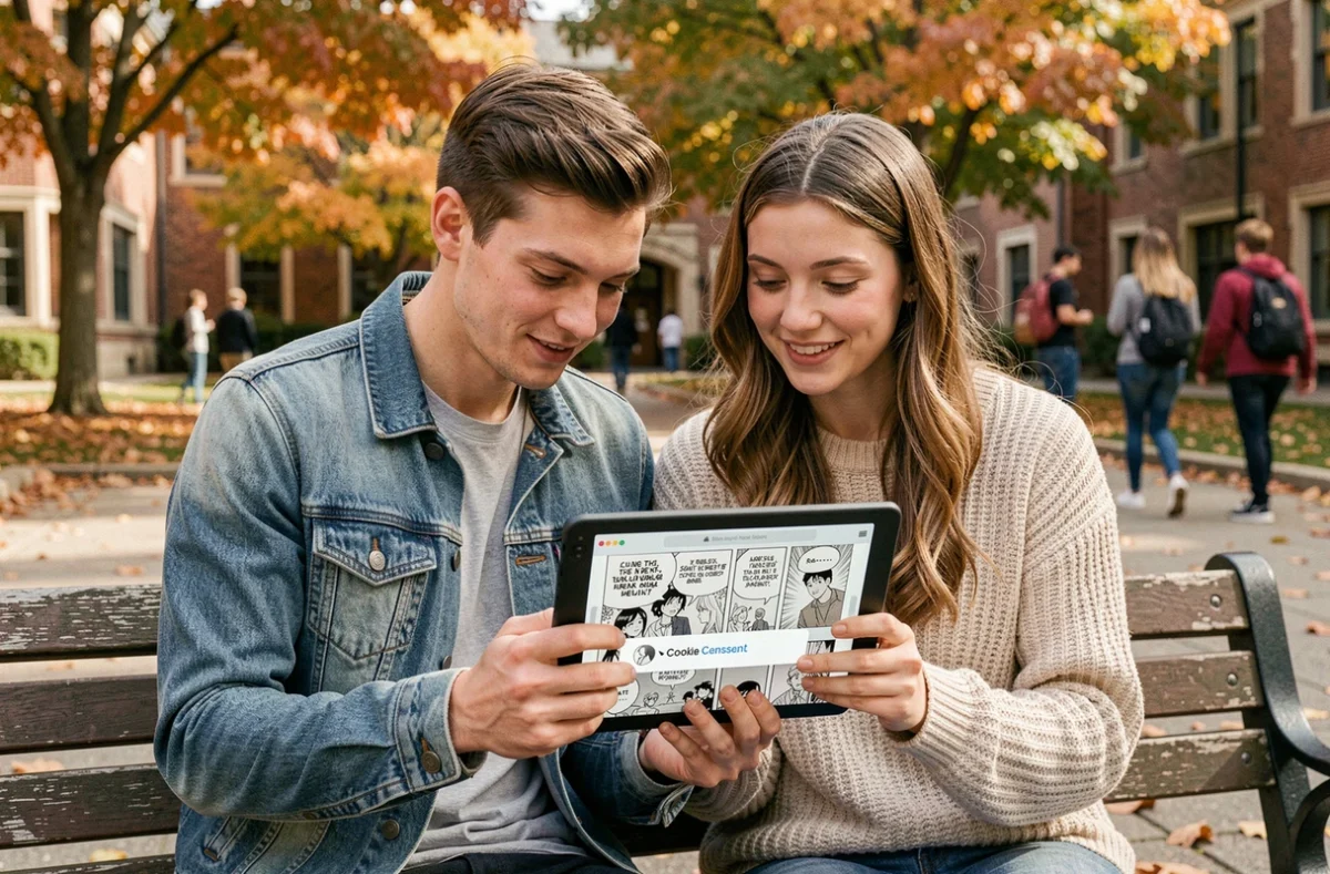 Deux étudiants consultant un site de scan manga sur une tablette en extérieur avec une alerte de confidentialité visible à l'écran