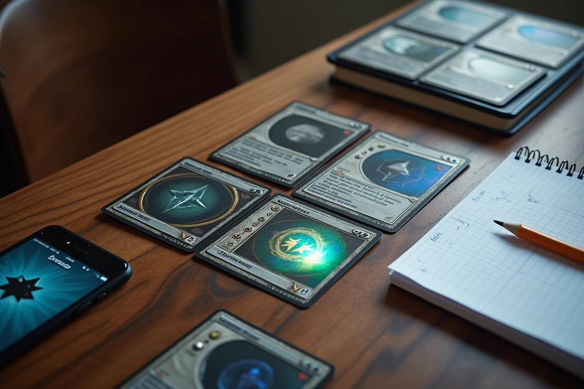 Vue aérienne de cartes Magic the Gathering avec liste de prix manuscrite pour évaluation en 2026