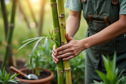 Jardinier examinant des bambous avec feuilles jaunes et taches