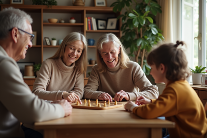 Famille multigenerational jouant à un jeu de société dans un salon chaleureux