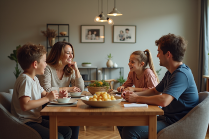 Famille recomposée autour d'une table conviviale en intérieur