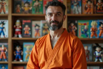 Fan de Dragon Ball portant un costume de Sangoku devant une collection de mangas et figurines