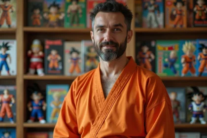 Fan de Dragon Ball portant un costume de Sangoku devant une collection de mangas et figurines