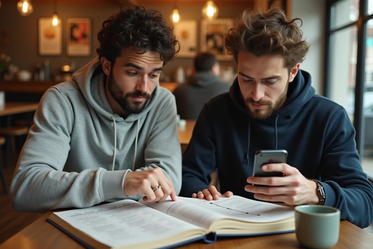 Deux fans discutant de l'âge des personnages de Dragon Ball autour d'une encyclopédie dans un café