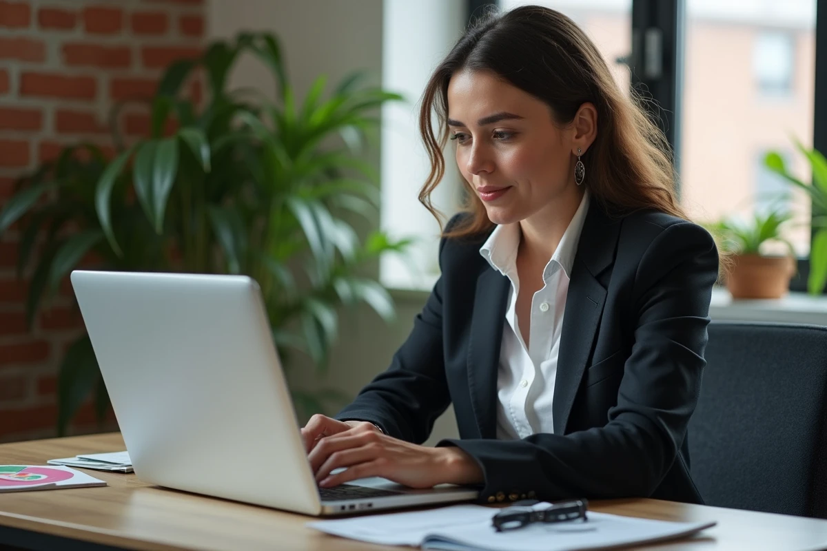 Femme d'affaires en blazer regardant son ordinateur dans un bureau moderne