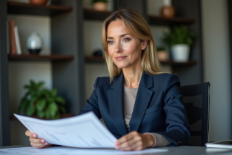 Femme d affaires en costume bleu dans un bureau moderne