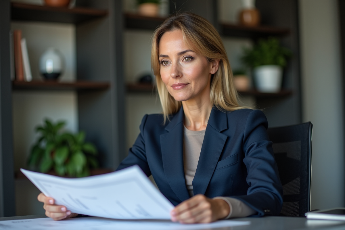 Femme d affaires en costume bleu dans un bureau moderne