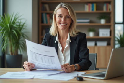 Femme d'affaires organisée avec documents et ordinateur