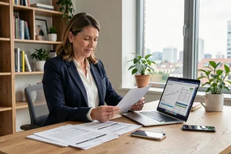 Femme professionnelle analysant des documents fiscaux sur un bureau moderne pour comprendre les revenus générés par une plateforme numérique comme Kordoz