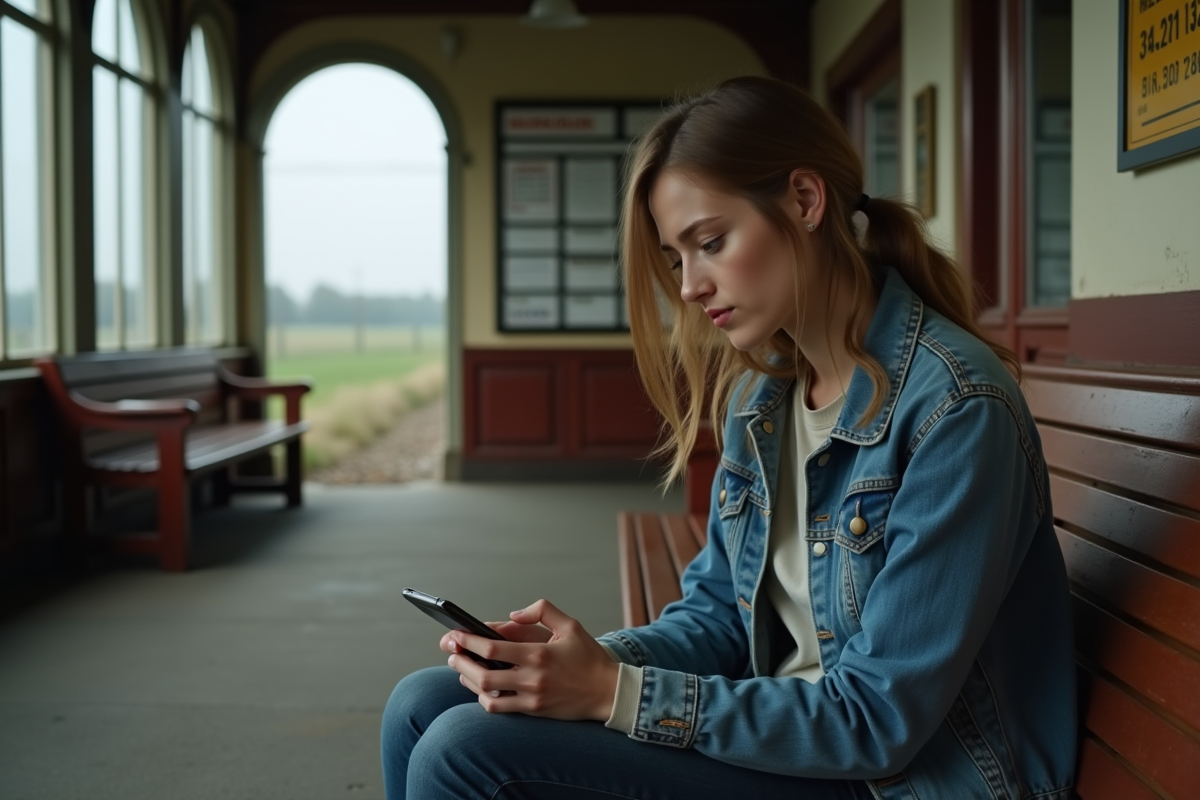 Jeune femme dans une vieille gare rurale regardant son smartphone