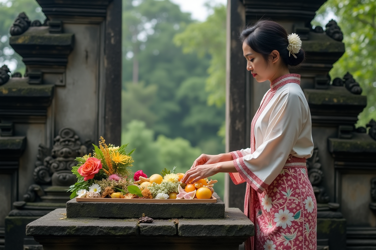 Femme balinaise en kebaya arrangeant des offrandes au temple